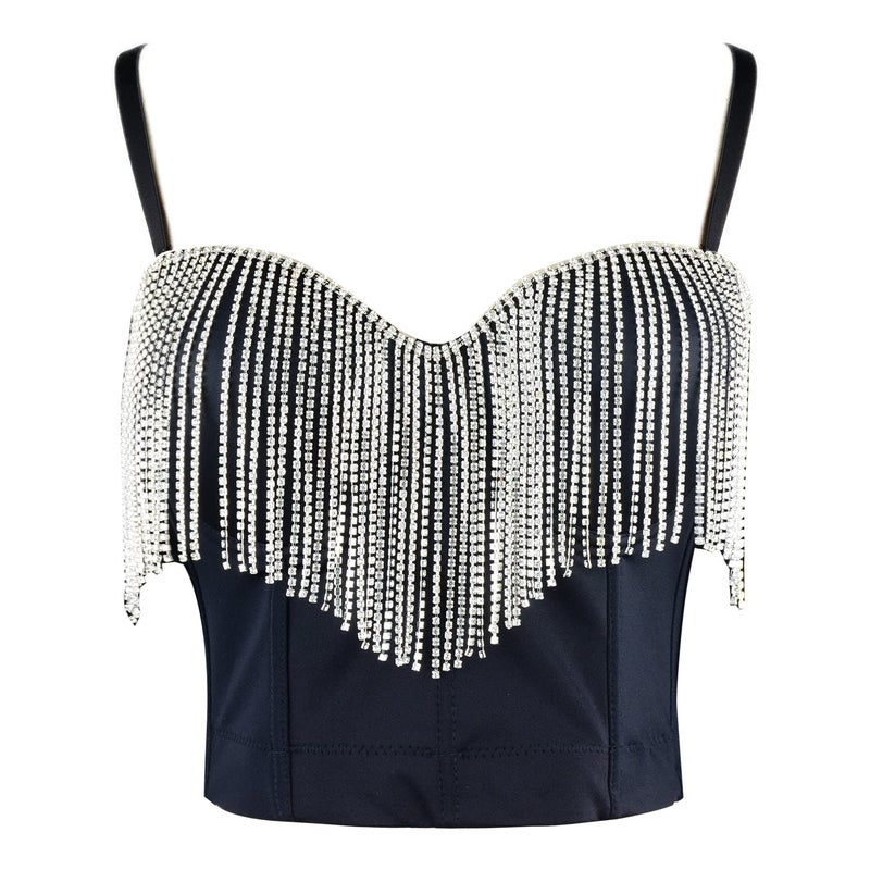 ELLACCI Women's Tassel Rhinestone Smooth Bustier Crop Top Corset Top Bra Black Medium - Image 2